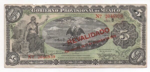 BILLETE DE 5 PESOS GOBIERNO PROVICIONAL MEXICO 1914 (VF)