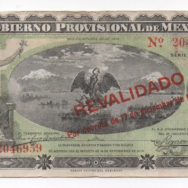 BILLETE DE 5 PESOS GOBIERNO PROVICIONAL MEXICO 1914 (VF)