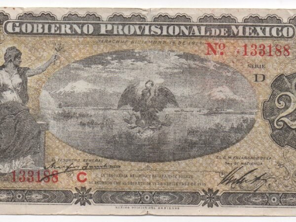 BILLETE DE 20 PESOS GOBIERNO PROVICIONAL DE MEXICO 1914 ¡INOLVIDABLE!  ( VF)