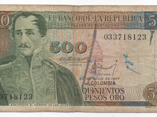 BILLETE DE 500 PESOS COLOMBIA – SANTANDER & CATEDRAL DE ZIPAQUIRÁ – 1977–1979 – VF