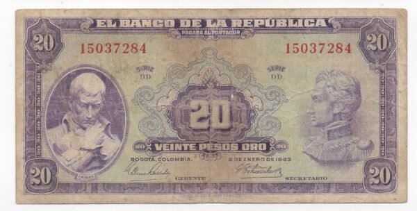 BILLETE 20 PESOS ORO 1963 (VF) PENSANTE