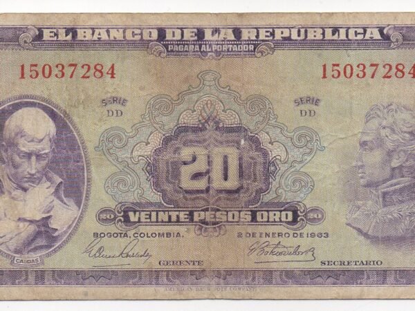 BILLETE 20 PESOS ORO 1963 (VF) PENSANTE