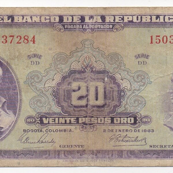 BILLETE 20 PESOS ORO 1963 (VF) PENSANTE