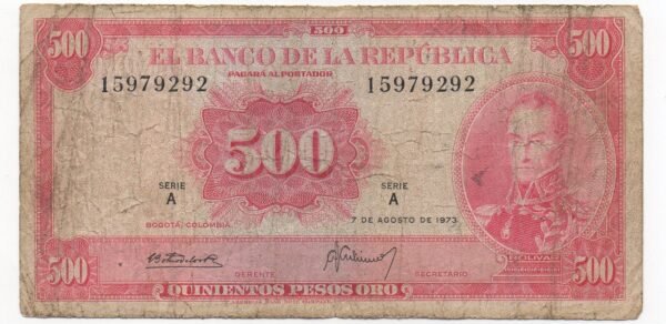 BILLETE DE 500 PESOS PARGO ROJO 1973 (VF) ORIGINAL SIMON BOLIVAR-CATEDRAL DE SAL ZIPAQUIRA