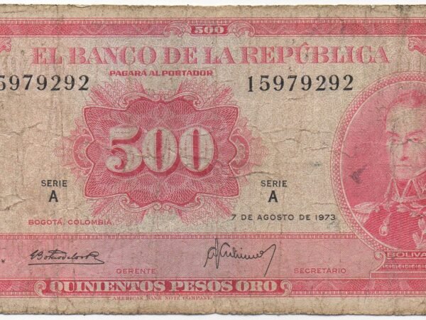 BILLETE DE 500 PESOS PARGO ROJO 1973 (VF) ORIGINAL SIMON BOLIVAR-CATEDRAL DE SAL ZIPAQUIRA