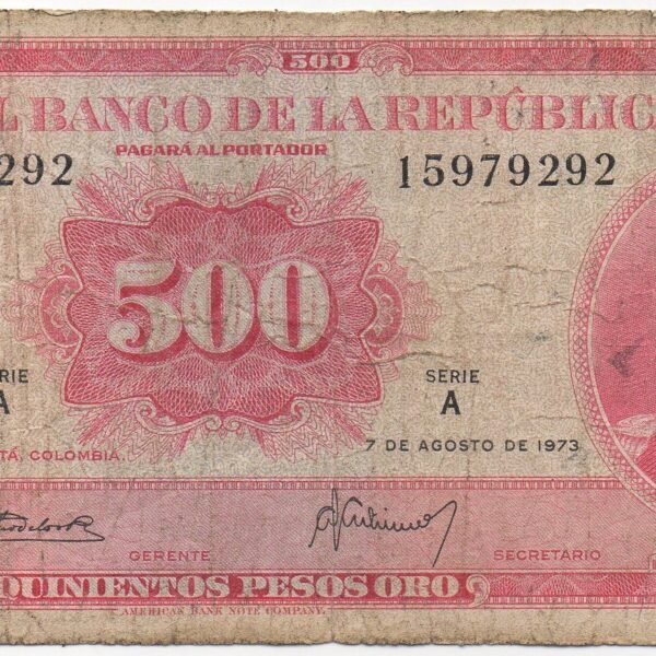 BILLETE DE 500 PESOS PARGO ROJO 1973 (VF) ORIGINAL SIMON BOLIVAR-CATEDRAL DE SAL ZIPAQUIRA
