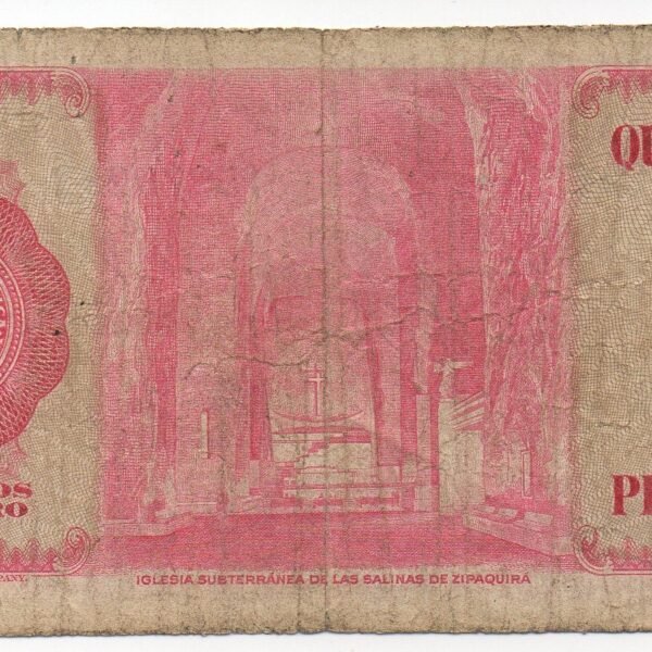 BILLETE DE 500 PESOS PARGO ROJO 1973 (VF) ORIGINAL SIMON BOLIVAR-CATEDRAL DE SAL ZIPAQUIRA