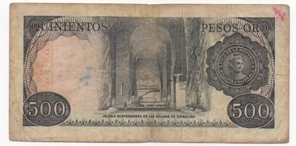 BILLETE DE 500 PESOS COLOMBIA – SANTANDER & CATEDRAL DE ZIPAQUIRÁ – 1977–1979 – VF