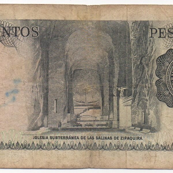 BILLETE DE 500 PESOS COLOMBIA – SANTANDER & CATEDRAL DE ZIPAQUIRÁ – 1977–1979 – VF