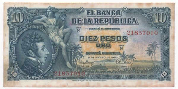 BILLETE DE 10 PESOS COLOMBIA – ANTONIO NARIÑO – 1953
