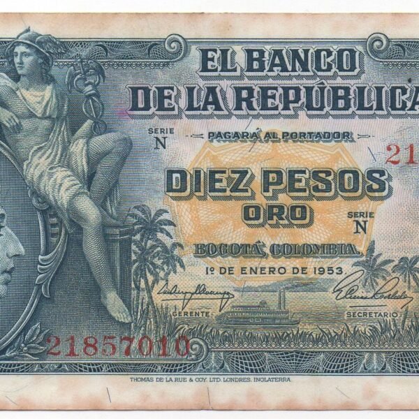 BILLETE DE 10 PESOS COLOMBIA – ANTONIO NARIÑO – 1953