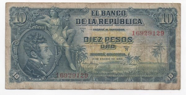 BILLETE DE 10 PESOS ORO1953 `` PRIMERA FECHA``