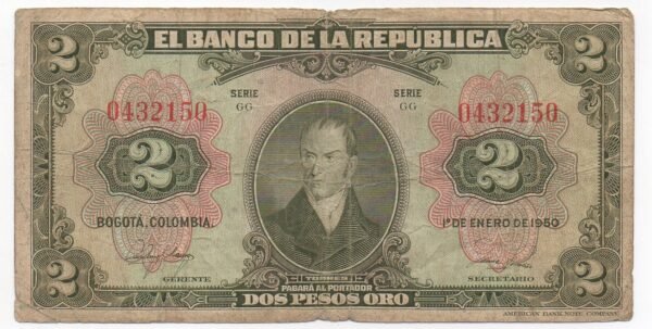 BILLETE DE 2 PESOS ORO 1950  ¡ HISTORICO Y ARTISTICO !