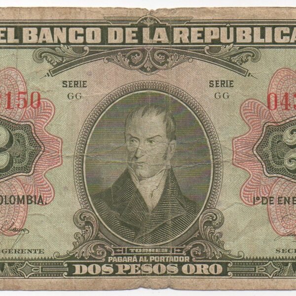 BILLETE DE 2 PESOS ORO 1950  ¡ HISTORICO Y ARTISTICO !