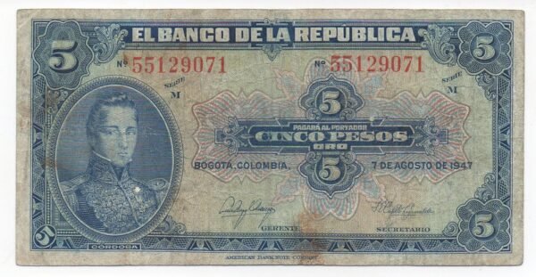 BILLETE DE 5 PESOS ORO 1947