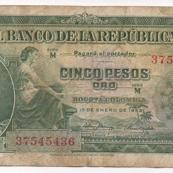 BILLETE DE 5 PESOS ORO 1953 (VF) IMPRESO POR THOMAS DE LA RUE