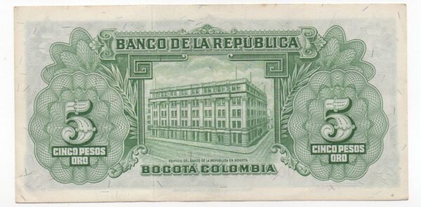 BILLETE DE 5 PESOS COLOMBIA 1953 – CÓRDOBA Y EDIFICIO DEL BANCO – PIEZA HISTÓRICA DE COLOMBIA
