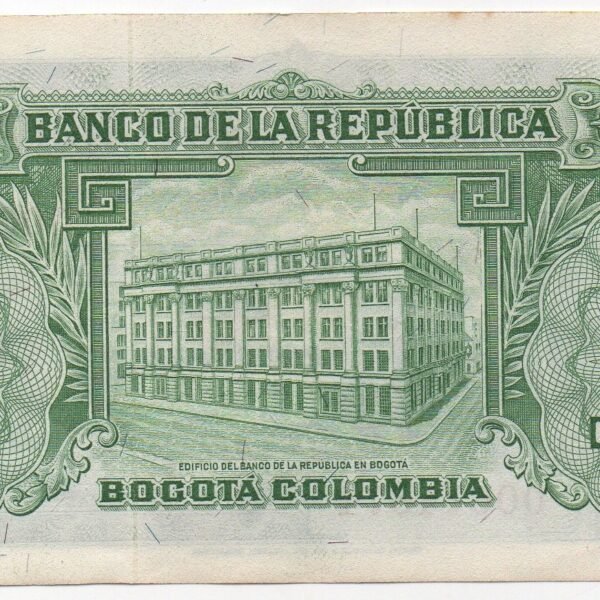 BILLETE DE 5 PESOS COLOMBIA 1953 – CÓRDOBA Y EDIFICIO DEL BANCO – PIEZA HISTÓRICA DE COLOMBIA