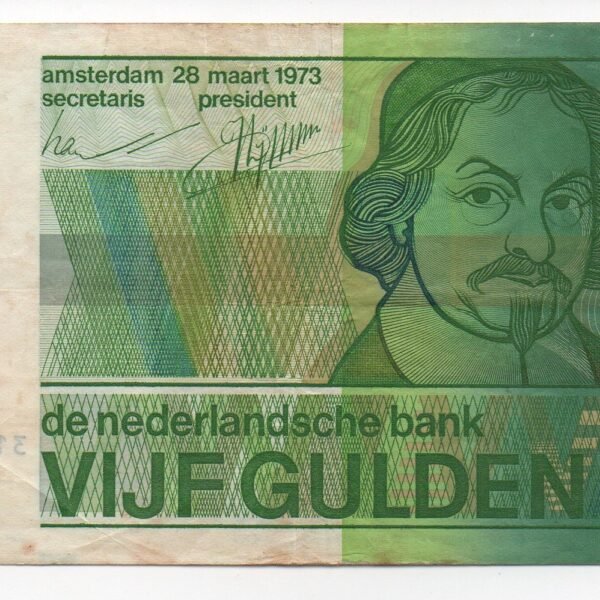 BILLETE DE 5 GULDEN – PAÍSES BAJOS, 1973 (VF)