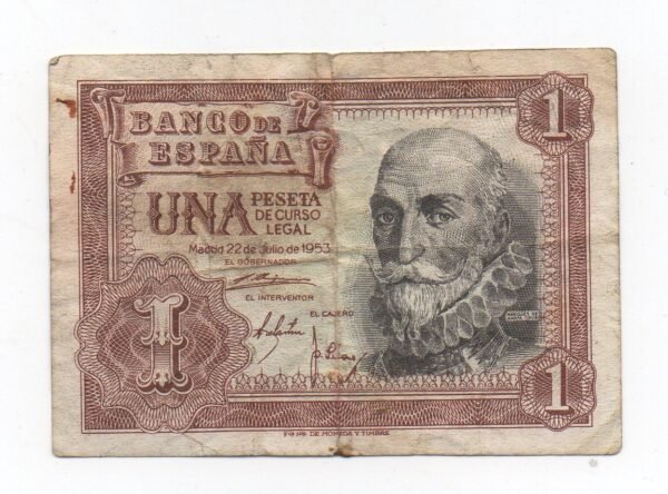 BILLETE DE UN PESETA DE ESPAÑA 1953 MARQUEZ DE SANTA CRUZ