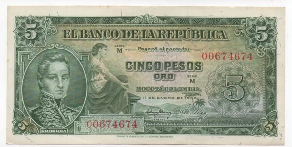 BILLETE DE 5 PESOS COLOMBIA 1953 – CÓRDOBA Y EDIFICIO DEL BANCO – PIEZA HISTÓRICA DE COLOMBIA