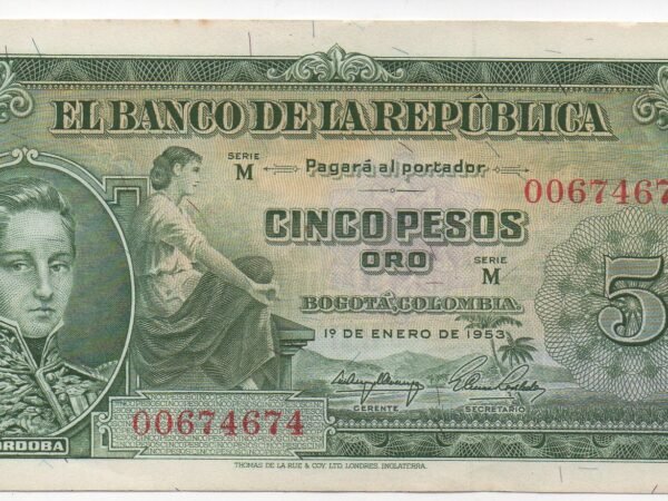 BILLETE DE 5 PESOS COLOMBIA 1953 – CÓRDOBA Y EDIFICIO DEL BANCO – PIEZA HISTÓRICA DE COLOMBIA
