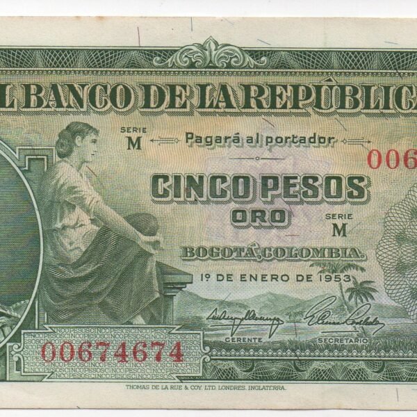 BILLETE DE 5 PESOS COLOMBIA 1953 – CÓRDOBA Y EDIFICIO DEL BANCO – PIEZA HISTÓRICA DE COLOMBIA