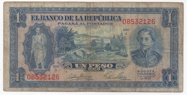 BILLETE UN PESO ORO 1953 PUENTE DE BOYACA