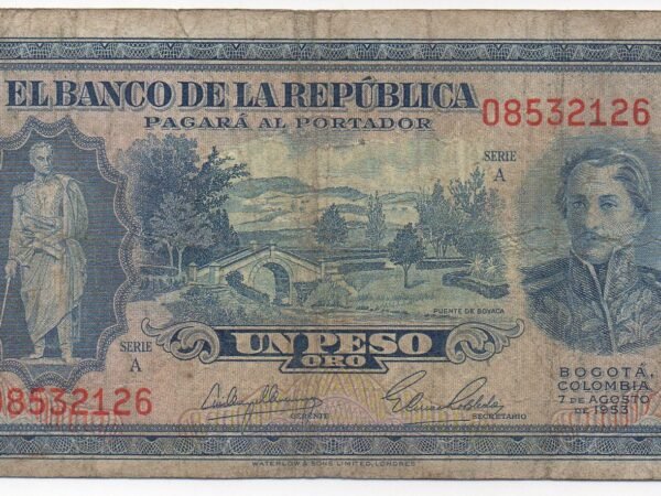 BILLETE UN PESO ORO 1953 PUENTE DE BOYACA