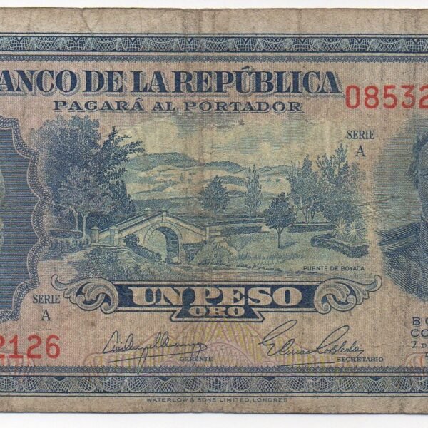 BILLETE UN PESO ORO 1953 PUENTE DE BOYACA