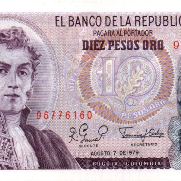 BILLETE DE 10 PESOS COLOMBIA 1963–1980  ANTONIO NARIÑO Y SAN AGUSTÍN – PIEZA ICÓNICA Y CULTURAL