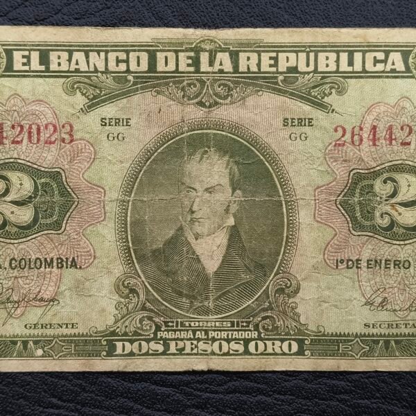 Billete 2 Pesos Oro Colombia 1955 | Última Emisión | 8 Dígitos