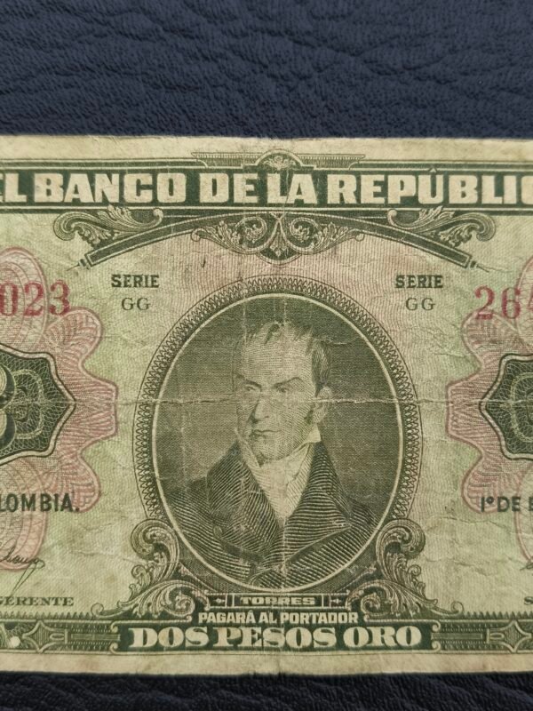 Billete 2 Pesos Oro Colombia 1955 | Última Emisión | 8 Dígitos