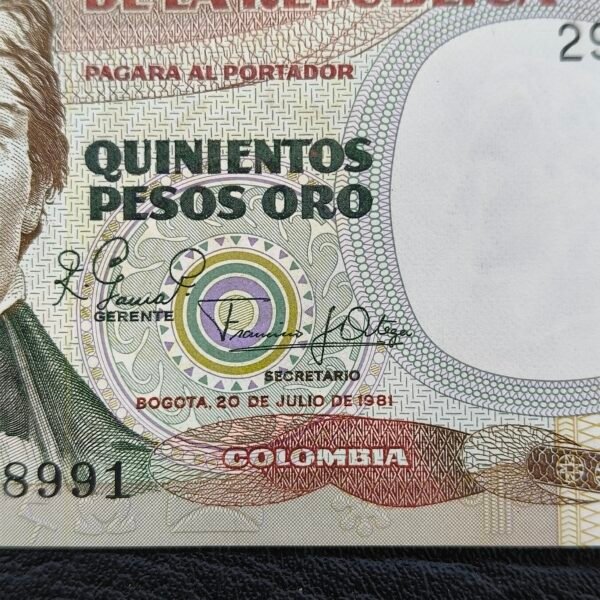 Billete de 500 Pesos Oro Jardín Verde – 20 de Julio de 1981 | Primera Fecha | Estado 9