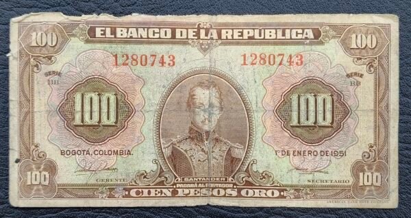 Billete 100 Pesos Oro Colombia 1951 | Santander – Libertad | 7 Dígitos