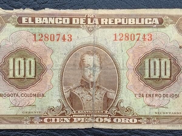 Billete 100 Pesos Oro Colombia 1951 | Santander – Libertad | 7 Dígitos
