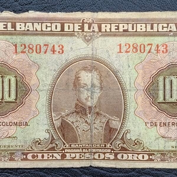 Billete 100 Pesos Oro Colombia 1951 | Santander – Libertad | 7 Dígitos