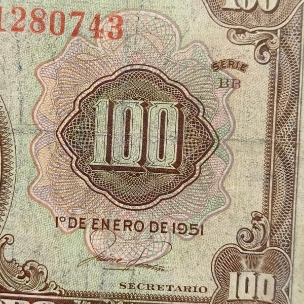Billete 100 Pesos Oro Colombia 1951 | Santander – Libertad | 7 Dígitos
