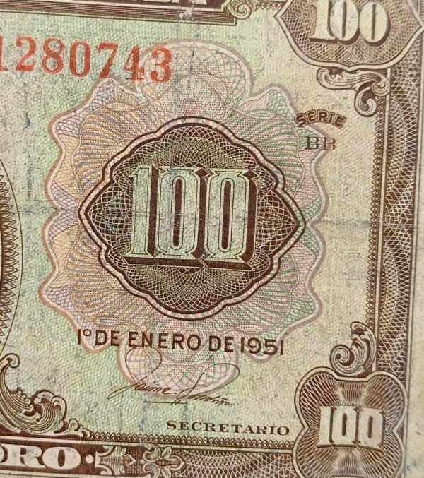 Billete 100 Pesos Oro Colombia 1951 | Santander – Libertad | 7 Dígitos