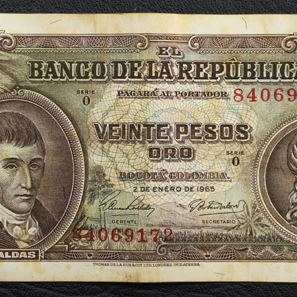 Billete 20 Pesos Oro Colombia 1965 | Caldas – Libertad