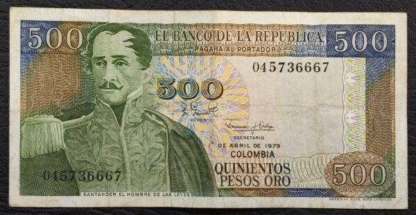 Billete 500 Pesos Oro Colombia 1979 | Santander – Zipaquirá