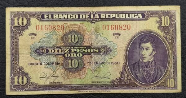 Billete 10 Pesos Oro Colombia 1950 | Antonio Nariño