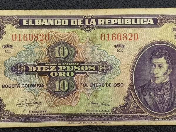 Billete 10 Pesos Oro Colombia 1950 | Antonio Nariño