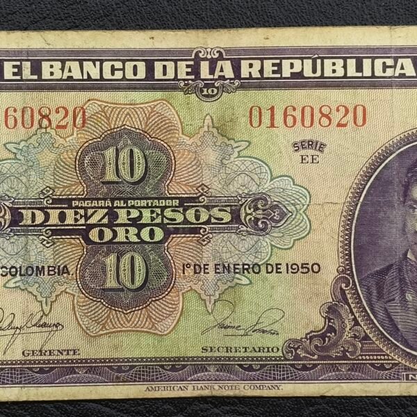 Billete 10 Pesos Oro Colombia 1950 | Antonio Nariño