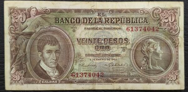 Billete 20 Pesos Oro Colombia 1961 | Caldas – Lady Liberty