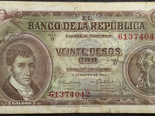 Billete 20 Pesos Oro Colombia 1961 | Caldas – Lady Liberty