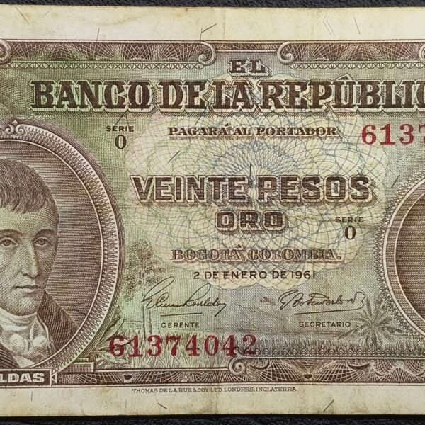 Billete 20 Pesos Oro Colombia 1961 | Caldas – Lady Liberty