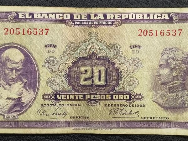 Oplus_16908288 Billete de 20 Pesos Oro “Pensante” – 2 de Enero de 1963 | Última Fecha | Estado 7–8