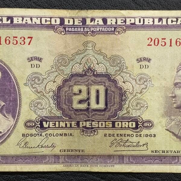 Billete de 20 Pesos Oro “Pensante” – 2 de Enero de 1963 | Última Fecha | Estado 7–8