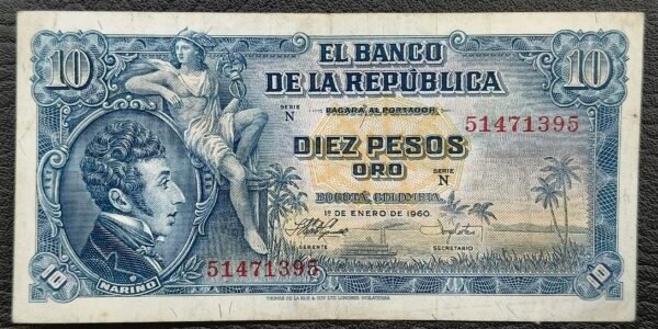 Billete de 10 Pesos Oro – 1 de Enero de 1960 | Antonio Nariño | Thomas De La Rue